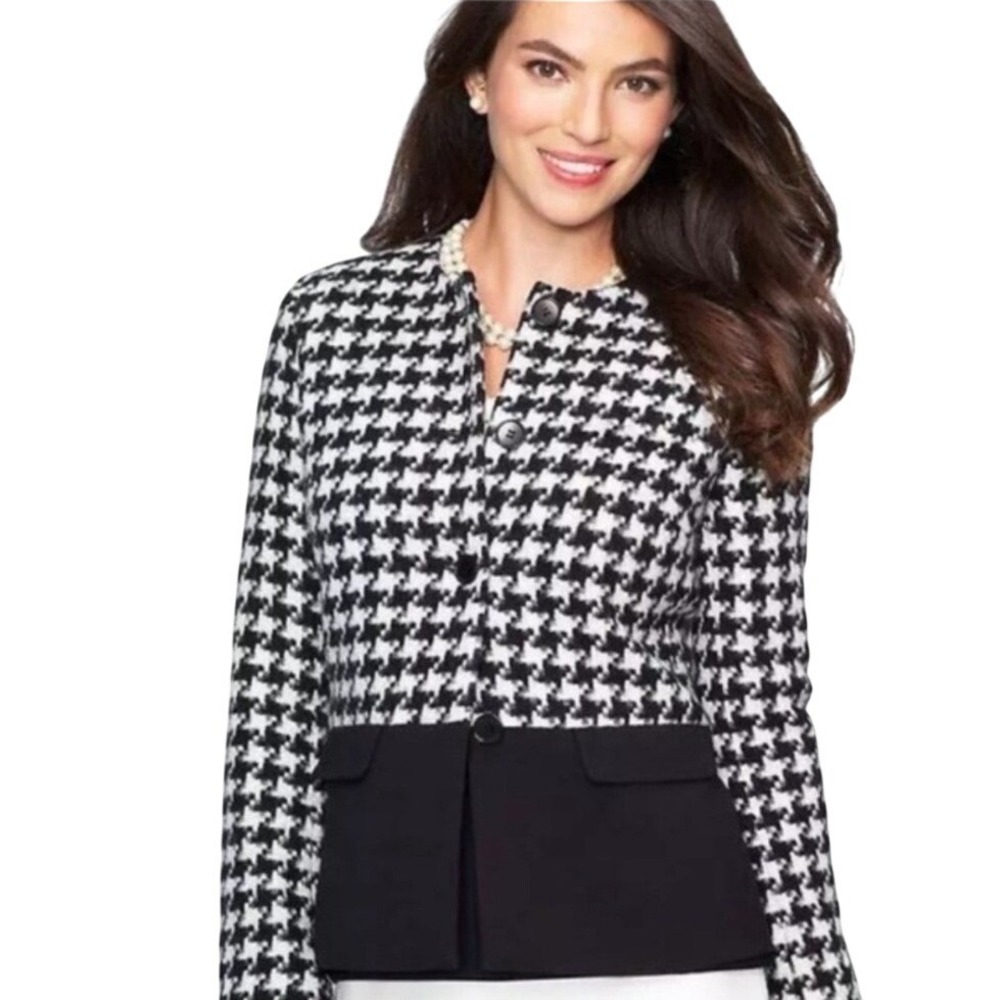 Talbots Houndstooth Blazer Wool Blend Women 12 Black White Peplum Mixed Media